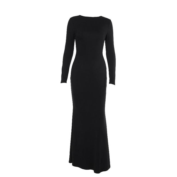 Long sleeve hollow out buckle crewneck maxi dress