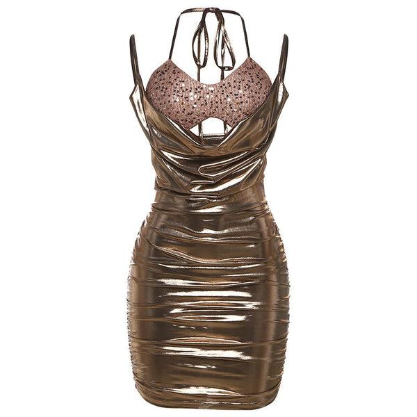 Metallic ruched glitter hollow out halter self tie mini dress