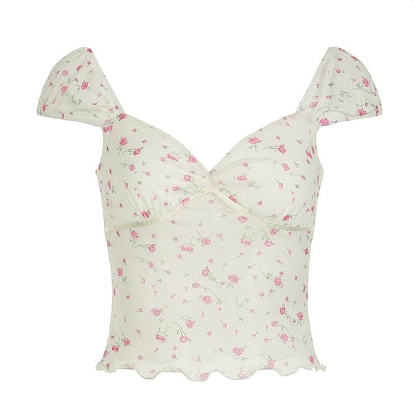Short puff sleeve rose print lace hem ruched top