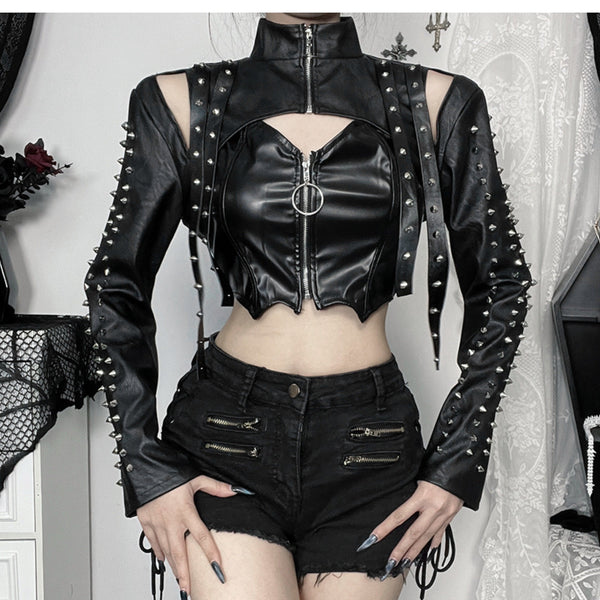 Zip-up long sleeve PU leather rivet applique hollow out top