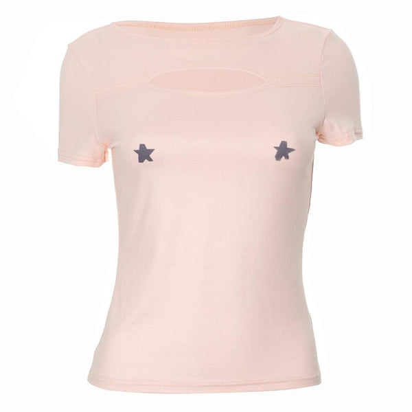 Short sleeve crewneck star print hollow out top