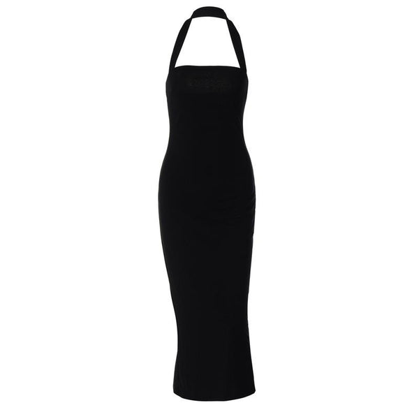 Halter solid slit backless midi dress