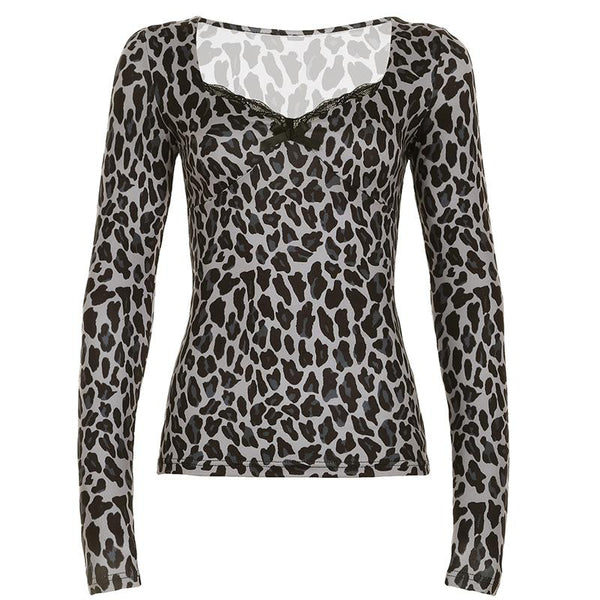 Leopard print long sleeve v neck lace hem bowknot top