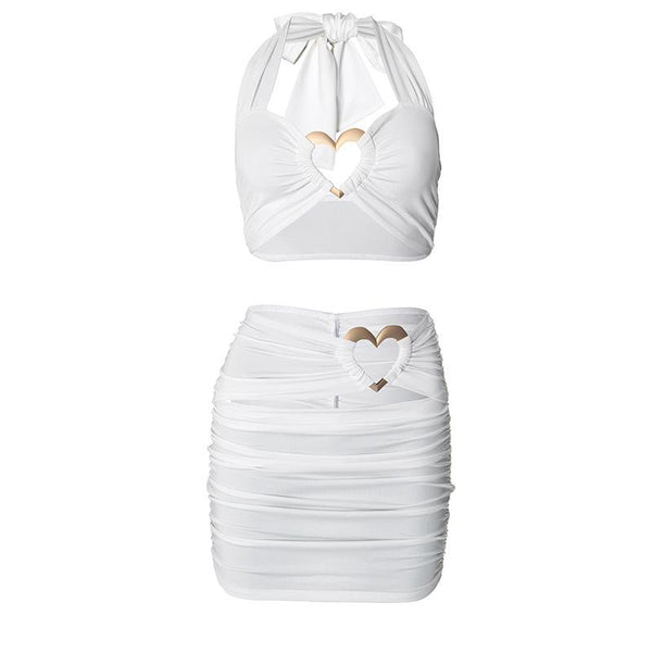 Halter hollow out sweetheart ring mini skirt set