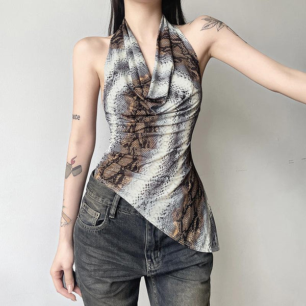 Snakeskin print halter ruched top