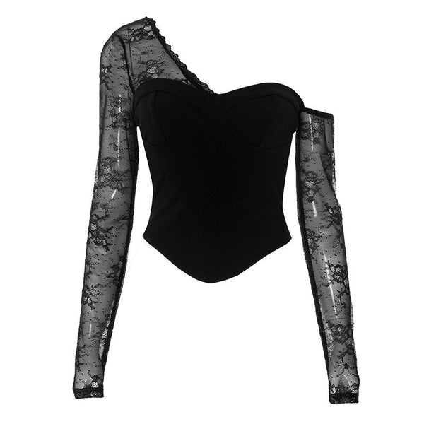 One shoulder sweetheart neck long sleeve lace top