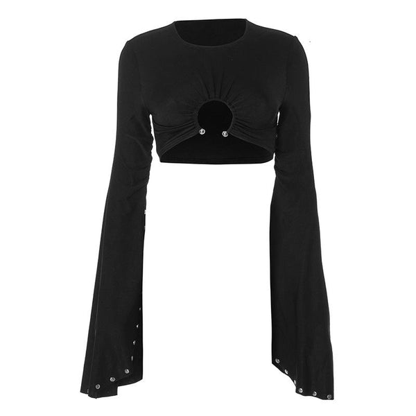 Long flared sleeve o ring crewneck crop top