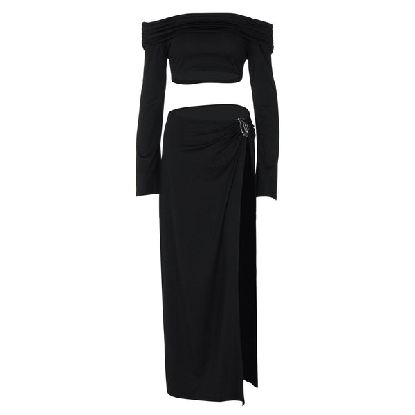 Off shoulder long sleeve o ring slit maxi dress