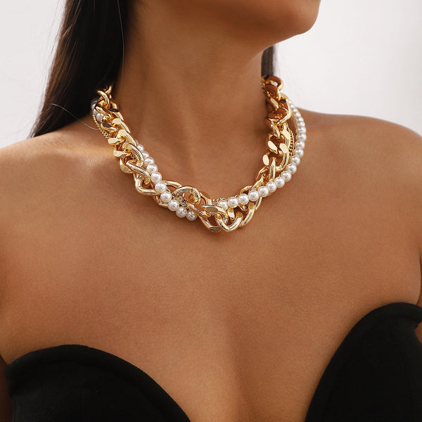 Faux pearl layered metal chain necklace