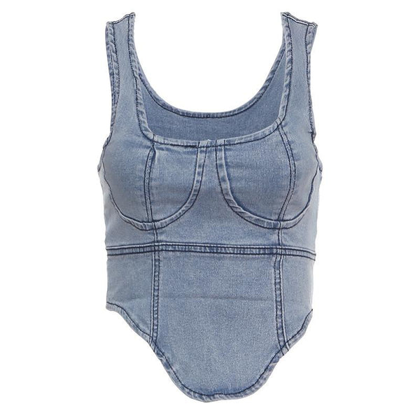 Denim square neck zip-up sleeveless tank top