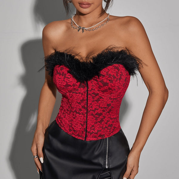 Feather lace button backless tube top