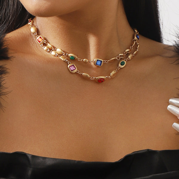 Multicolor rhinestone layered choker necklace