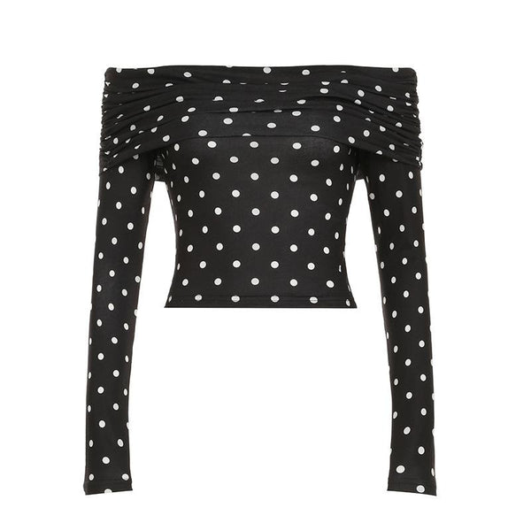 Polka dot off shoulder long sleeve ruched top