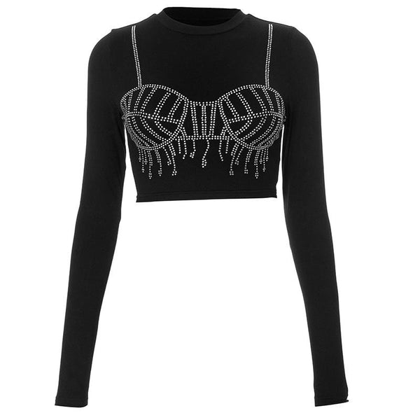 Long sleeve crewneck beaded crop top