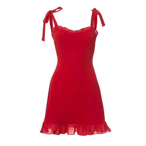 Sweetheart neck ruffle backless knotted cami mini dress