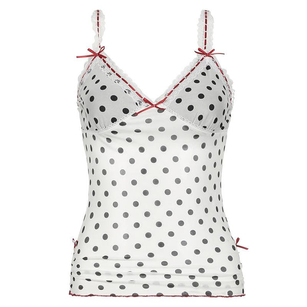 V neck polka dot print mesh bowknot cami top