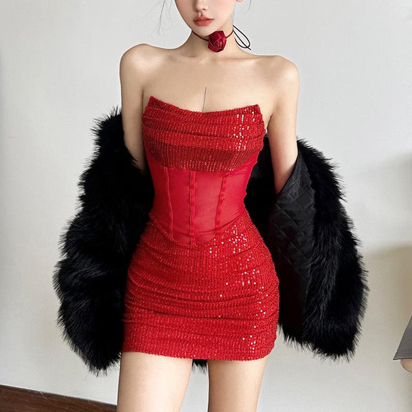 Glitter mesh patchwork tube mini dress