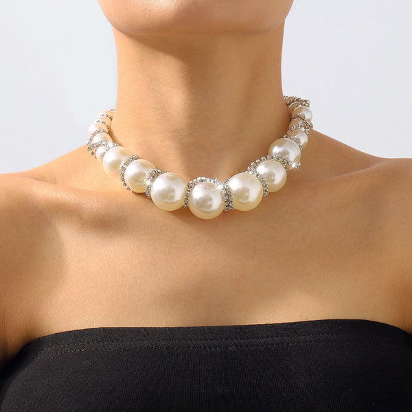 Faux pearl rhinestone beaded choker necklace