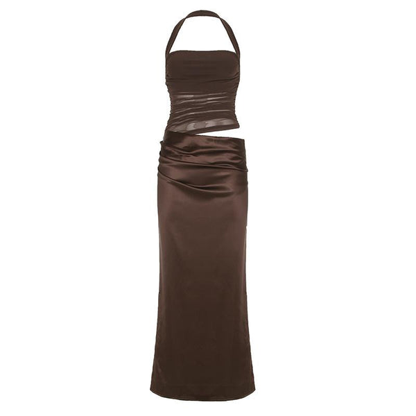 Halter square neck ruched zip-up solid maxi dress