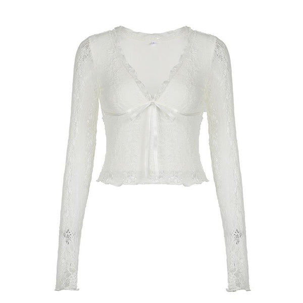 V neck long sleeve lace bowknot top