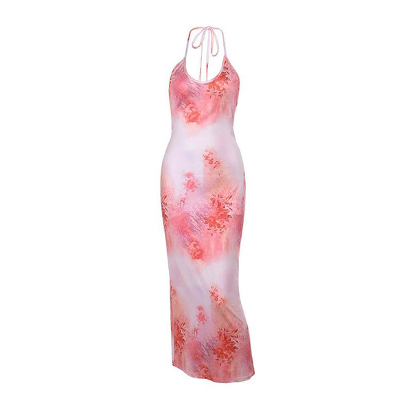 U neck halter butterfly applique print slit maxi dress