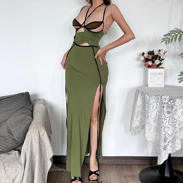 Halter contrast hollow out slit cami midi dress