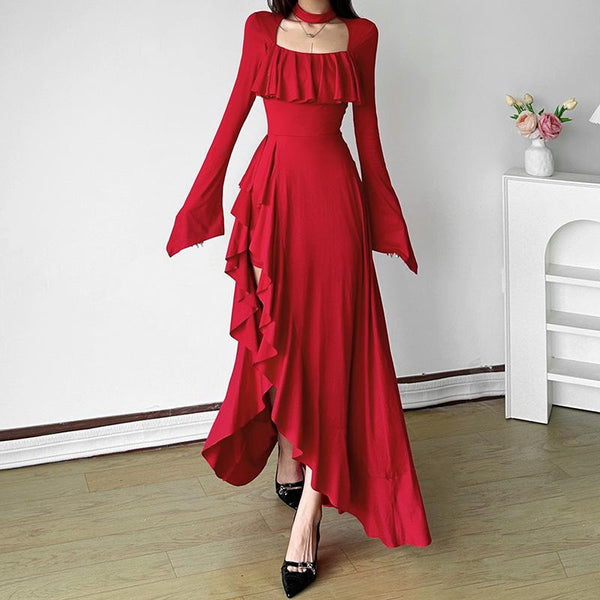 Long sleeve zip-up irregular ruffle square neck maxi dress