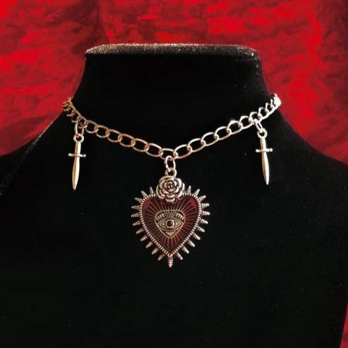 Metal chain heart pendant choker necklace