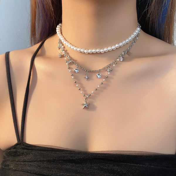Layered star pendant choker necklace