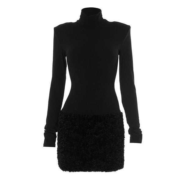 High neck long sleeve padded fluffy mini dress