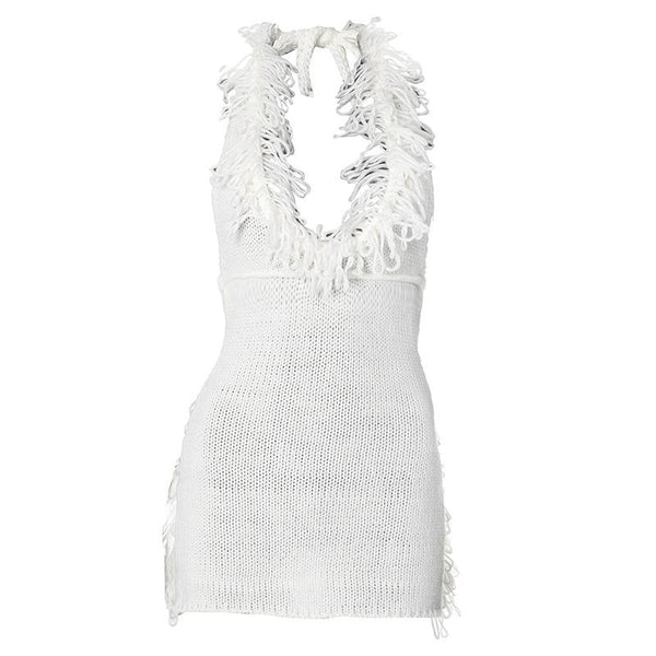 Halter self tie tassels knitted backless mini dress