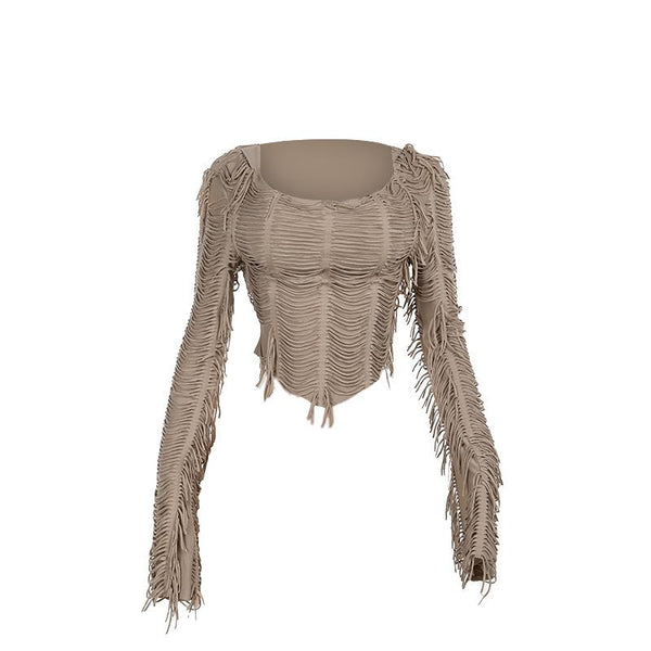 Long sleeve tassels hoodie irregular solid top