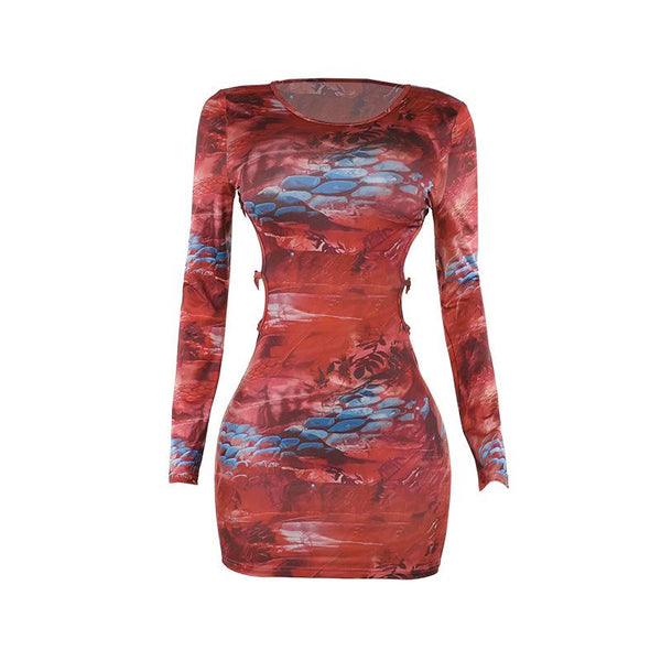 Long sleeve o ring cross front abstract mini dress