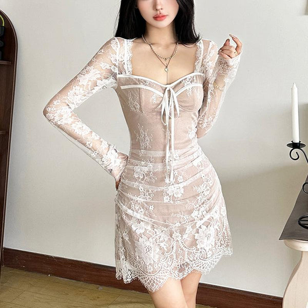 Long sleeve lace zip-up ruched mini dress