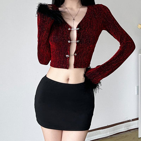 Long sleeve fluffy button zip-up crop mini skirt set