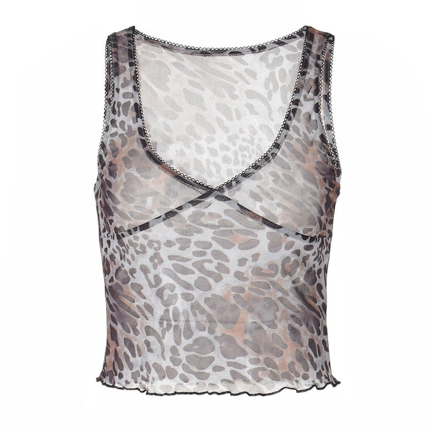 Leopard print sheer mesh ruffle tank top