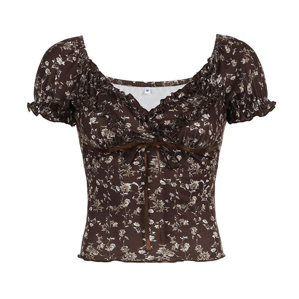 Short shoulder flower print ruffle top