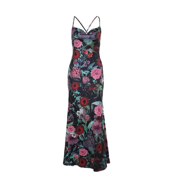 Cowl neck flower print contrast backless cami maxi dress