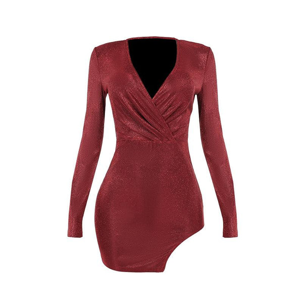 V neck long sleeve ruched slit glitter mini dress