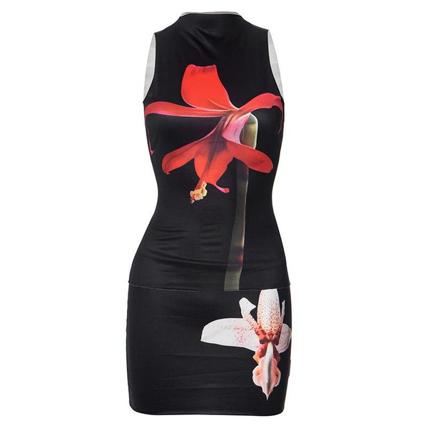 High neck sleeveless flower print mini skirt set