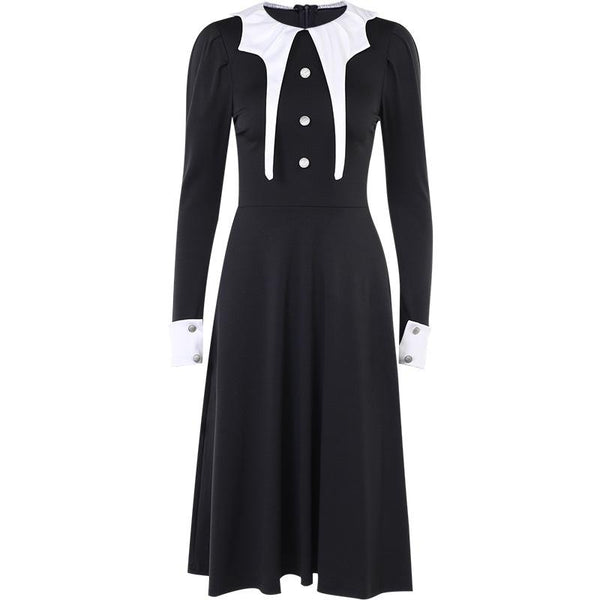 Long sleeve crewneck button applique zip-up midi dress