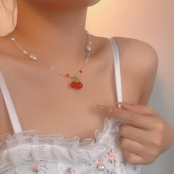 Cherry pendant beaded necklace