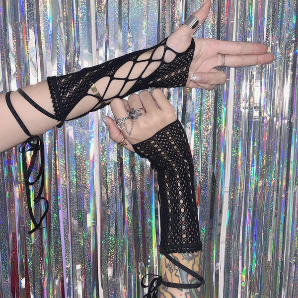 Hollow out self tie lace hem fishnet gloves