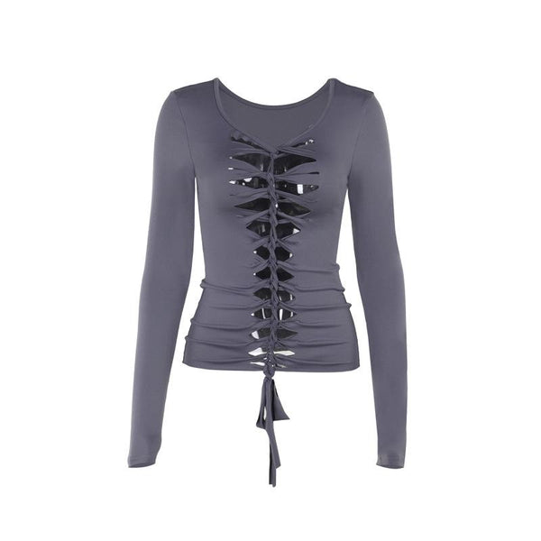 Long sleeve hollow out v neck self tie solid top