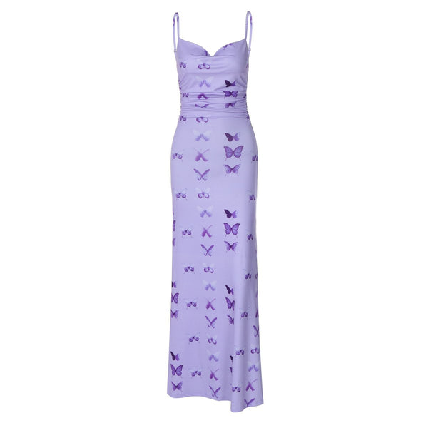 Butterfly print ruched cami maxi dress