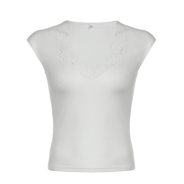 V neck cap sleeve lace hem top