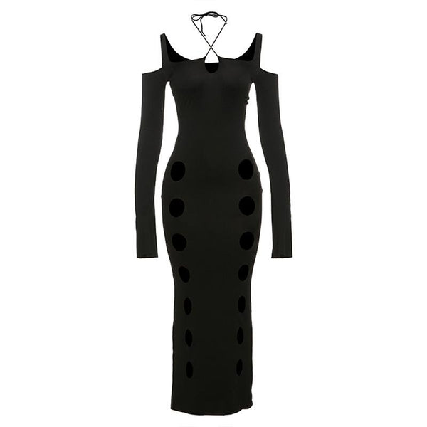 Hollow out long sleeve halter cross front self tie maxi dress