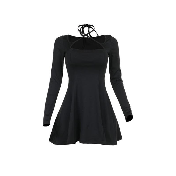 Long sleeve halter cross front solid mini dress