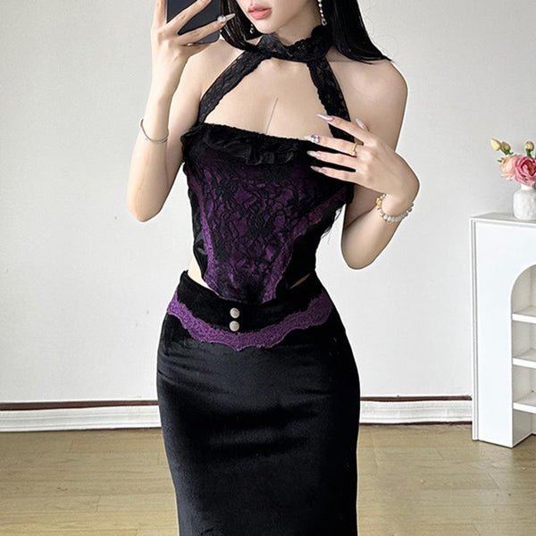 Halter long sleeve velvet lace hem 2 piece top