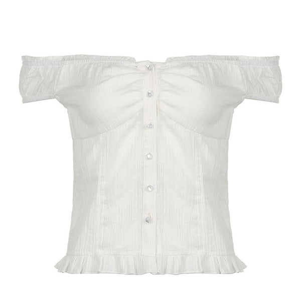 Off shoulder ruched button ruffle top